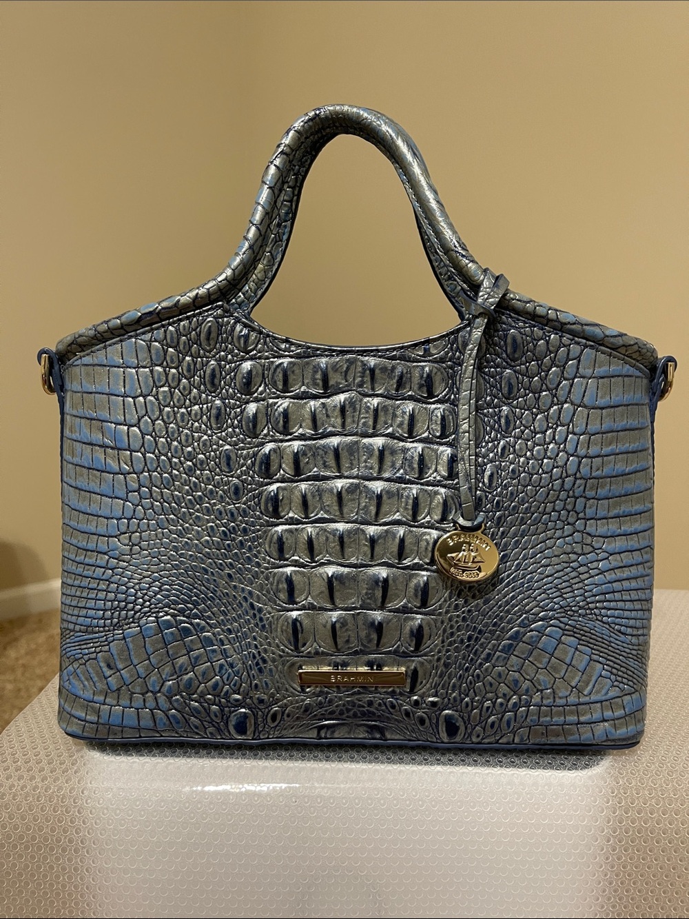 Brahmin Blue Croc-Embossed Satchel with Gold Charm
